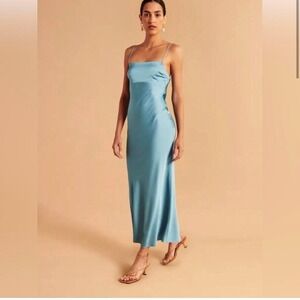 Abercrombie & Fitch Midi Dress Cowl Back Slip Shiny Satin Blue Size XLT Low Back